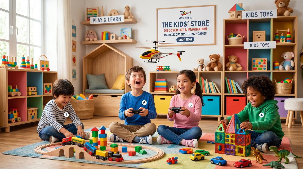 Children playing with toys in a colorful toy store